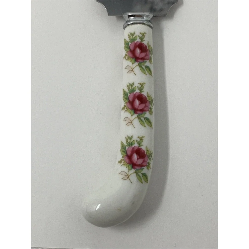 PRILL SHEFFIELD England Floral Rose Porcelain Handle Cake Pie Server Cottage